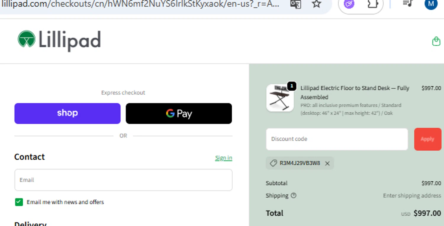Lillipad Workstations promo code screenshot showing code R3M4J29VB3W8 applied at Lillipad Workstations checkout page. Uploaded by SimplyCodes community member PennyOwl2559 on Dec 24, 2025