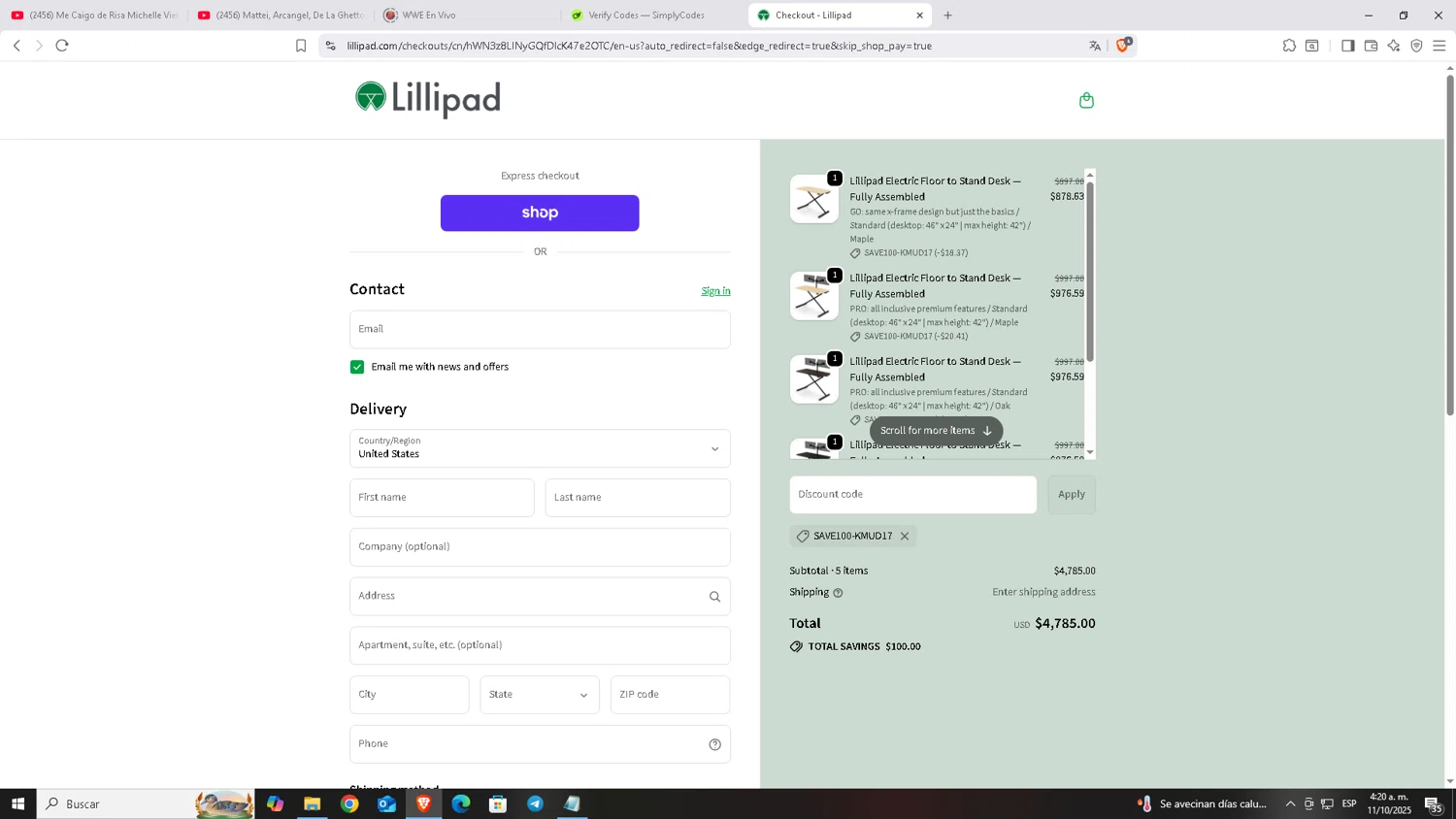 Lillipad Workstations promo code screenshot showing code SAVE100-KMUD17 applied at Lillipad Workstations checkout page. Uploaded by SimplyCodes community member Carloscoder_900457733 on Oct 11, 2025