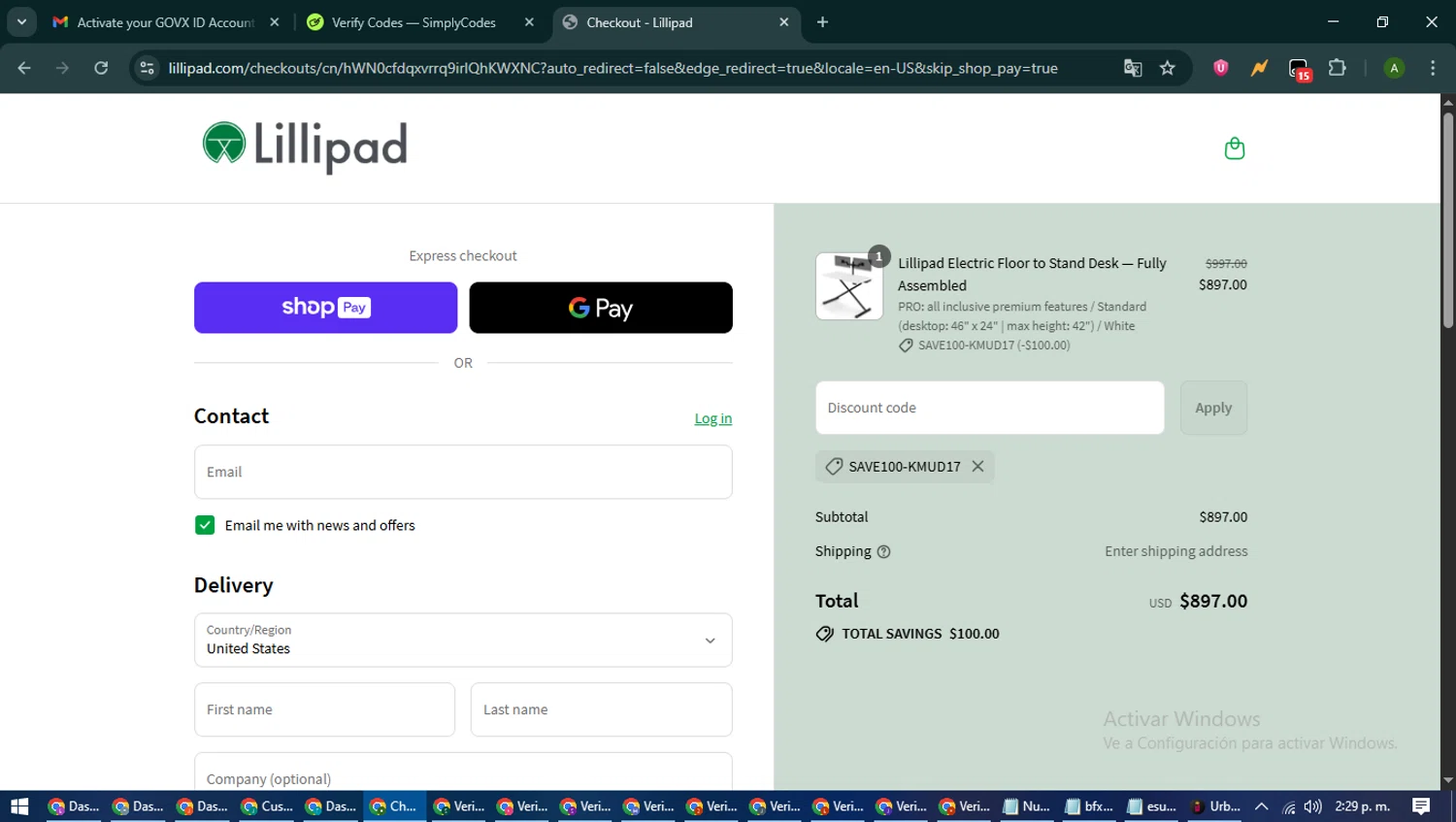 Lillipad Workstations promo code screenshot showing code SAVE100-KMUD17 applied at Lillipad Workstations checkout page. Uploaded by SimplyCodes community member CashLynx5338 on Jul 14, 2025