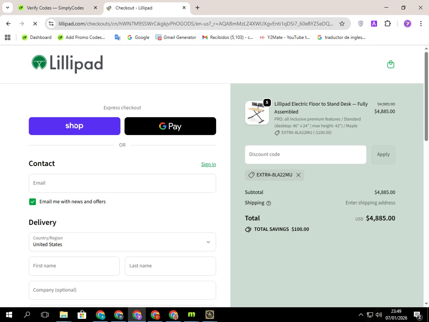 Lillipad Workstations promo code screenshot showing code EXTRA-8LA22MU applied at Lillipad Workstations checkout page. Uploaded by SimplyCodes community member CouponSentinel5832 on Jan 8, 2026