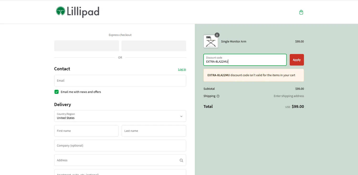 Lillipad Workstations promo code screenshot showing code EXTRA-8LA22MU applied at Lillipad Workstations checkout page. Uploaded by SimplyCodes community member dimitriv on Feb 25, 2025