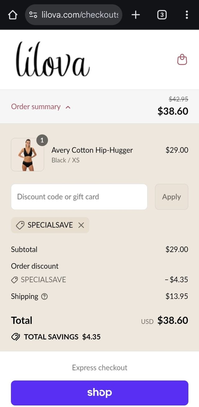 Lilova checkout page showing Lilova discount code box | Screenshot taken by SimplyCodes community member on Sep 2, 2025