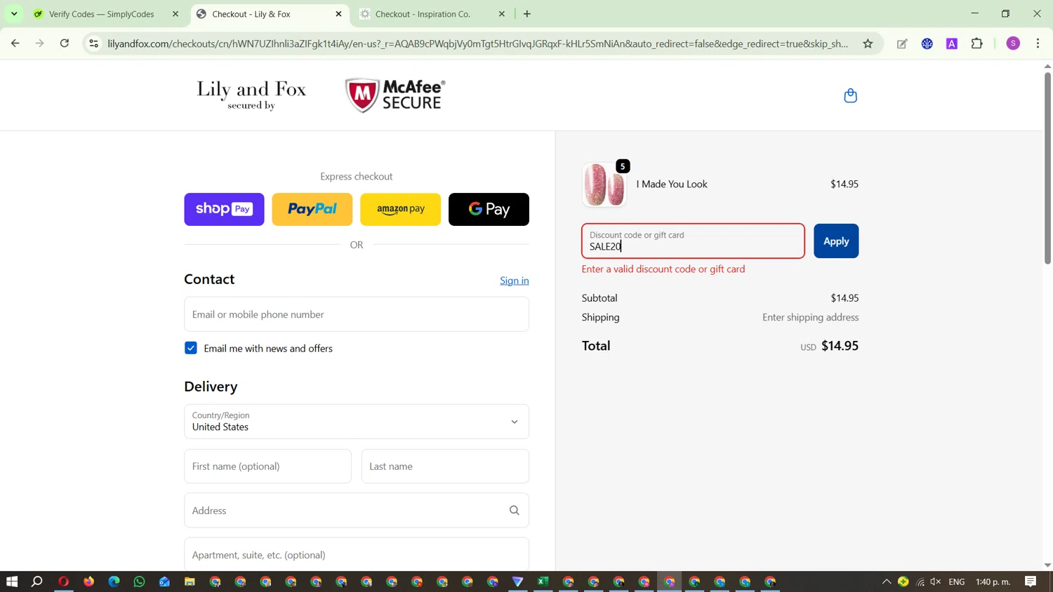 Lily and Fox promo code screenshot showing code SALE20 applied at Lily and Fox checkout page. Uploaded by SimplyCodes community member FrugalKnight782 on Jan 11, 2026