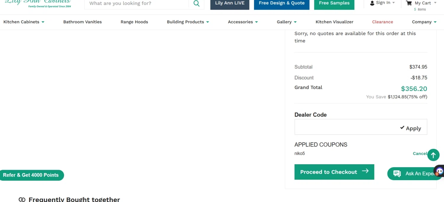 Lily Ann Cabinets checkout page showing Lily Ann Cabinets coupon code box | Screenshot taken by SimplyCodes community member on Aug 31, 2023