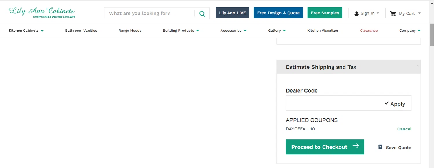 Lily Ann Cabinets checkout page showing Lily Ann Cabinets coupon code box | Screenshot taken by SimplyCodes community member on Sep 13, 2023