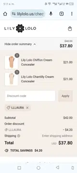 Lily Lolo coupon verification screenshot