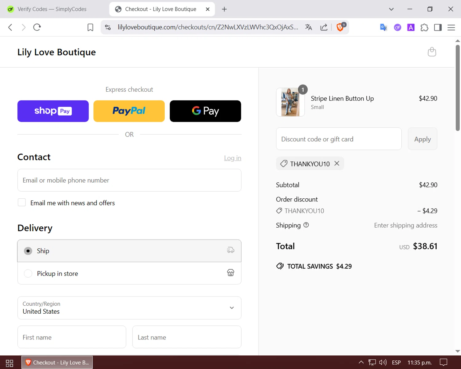 Lily Love Boutique promo code screenshot showing code THANKYOU10 applied at Lily Love Boutique checkout page. Uploaded by SimplyCodes community member LuckyPilot205 on May 23, 2025