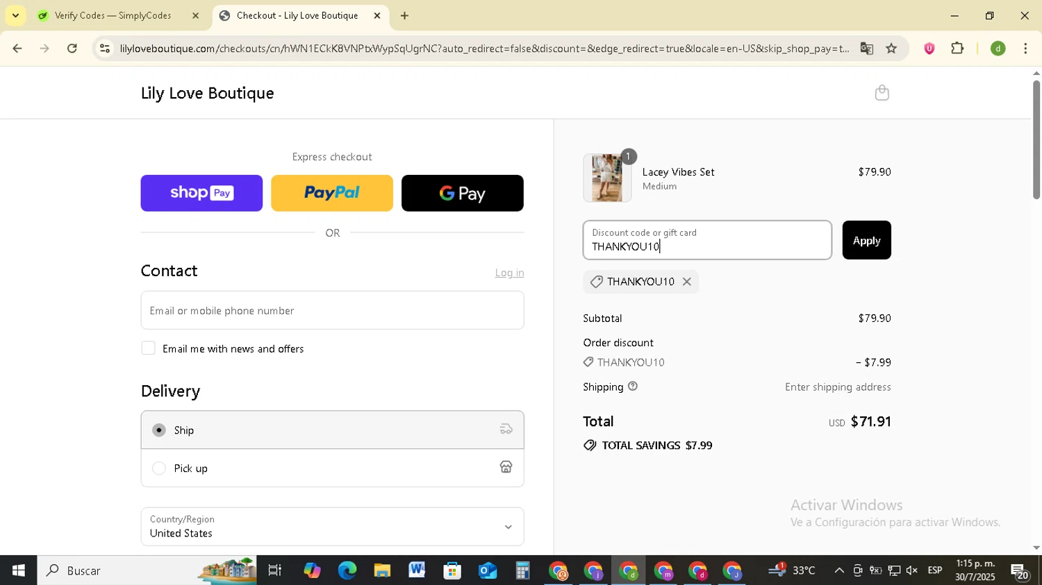 Lily Love Boutique promo code screenshot showing code THANKYOU10 applied at Lily Love Boutique checkout page. Uploaded by SimplyCodes community member SavingsSentinel833 on Jul 30, 2025