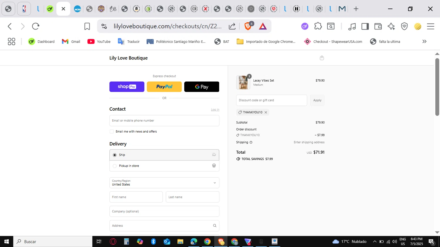 Lily Love Boutique promo code screenshot showing code THANKYOU10 applied at Lily Love Boutique checkout page. Uploaded by SimplyCodes community member conorgrey on Jul 5, 2025