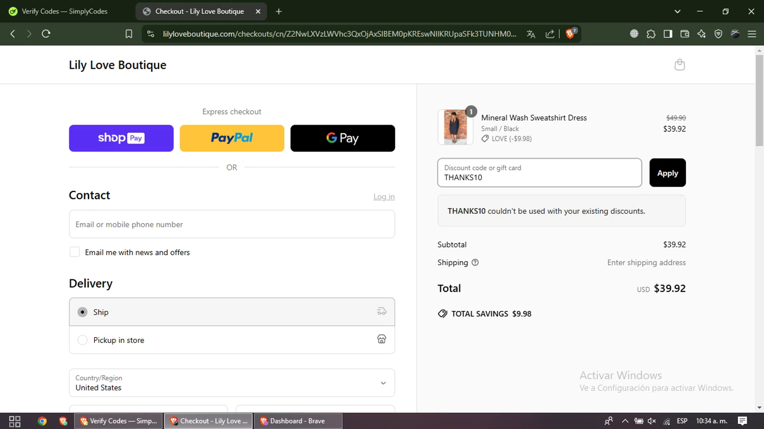 Lily Love Boutique promo code screenshot showing code THANKS10 applied at Lily Love Boutique checkout page. Uploaded by SimplyCodes community member EpicMaven6118 on Mar 15, 2025
