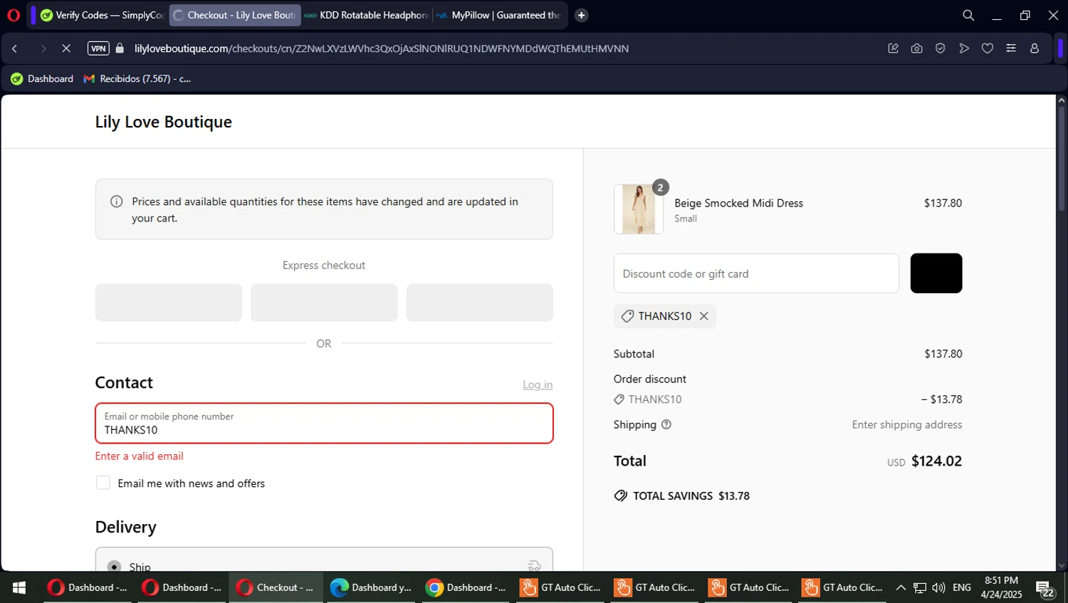 Lily Love Boutique promo code screenshot showing code THANKS10 applied at Lily Love Boutique checkout page. Uploaded by SimplyCodes community member Typhlosion on Apr 25, 2025
