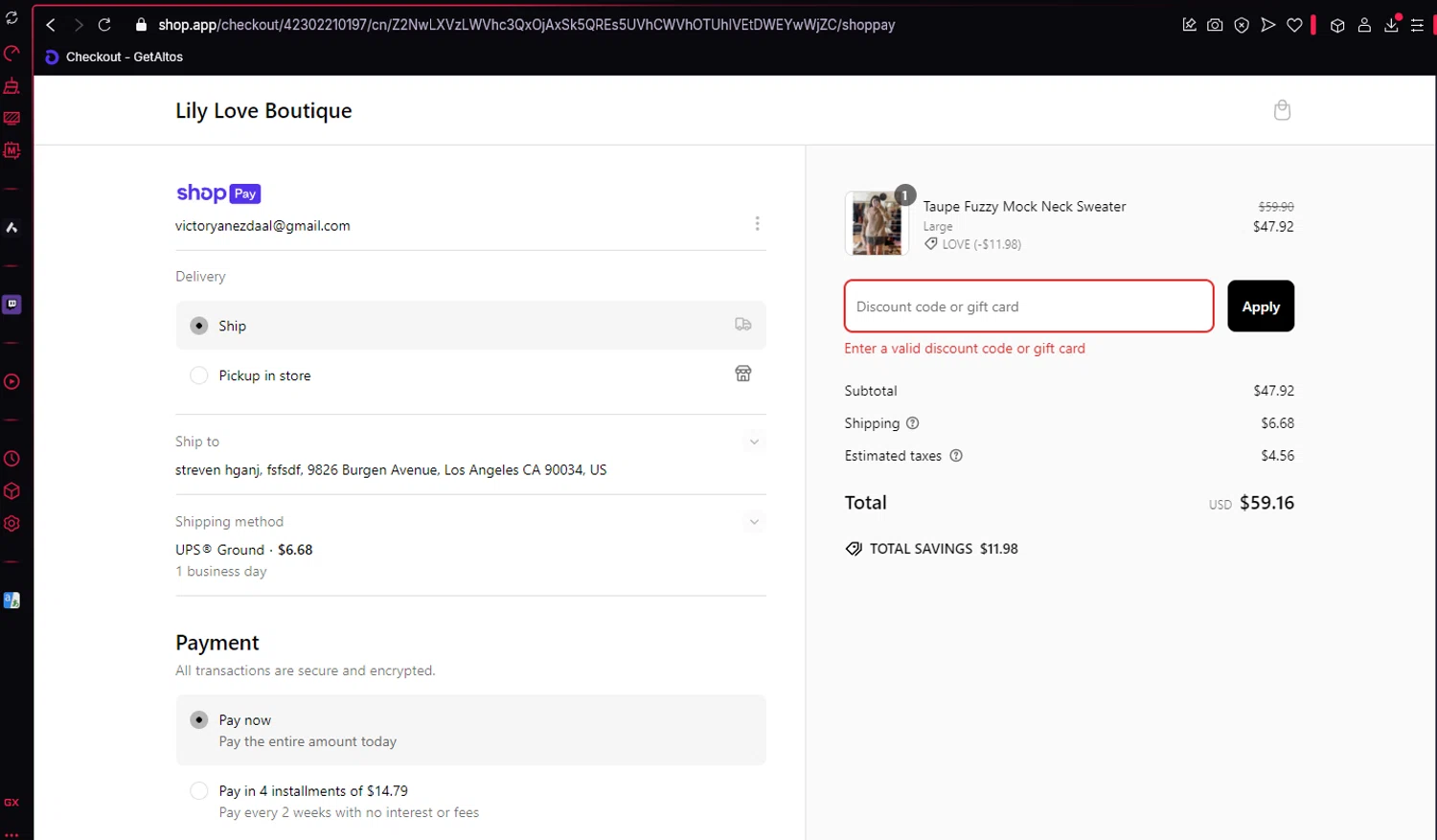 Lily Love Boutique promo code screenshot showing code LOVE applied at Lily Love Boutique checkout page. Uploaded by SimplyCodes community member BitPay on Mar 6, 2025