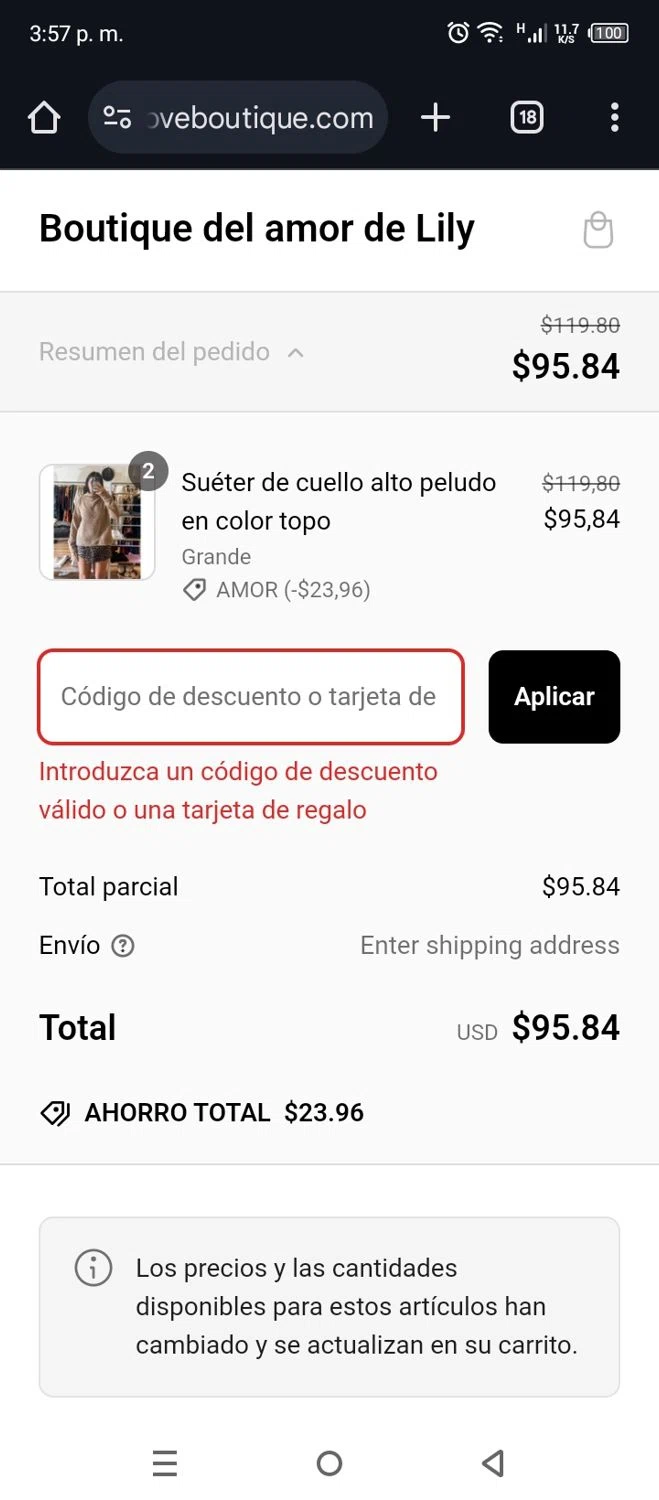 Lily Love Boutique promo code screenshot showing code LOVE applied at Lily Love Boutique checkout page. Uploaded by SimplyCodes community member Code_339264826 on Mar 6, 2025