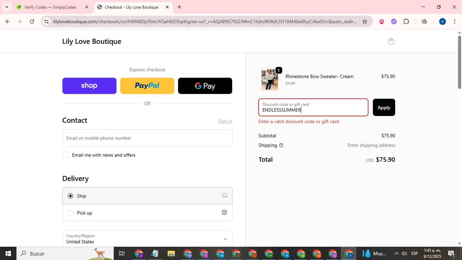 Lily Love Boutique promo code screenshot showing code ENDLESSSUMMER applied at Lily Love Boutique checkout page. Uploaded by SimplyCodes community member CrownTitan5376 on Dec 9, 2025