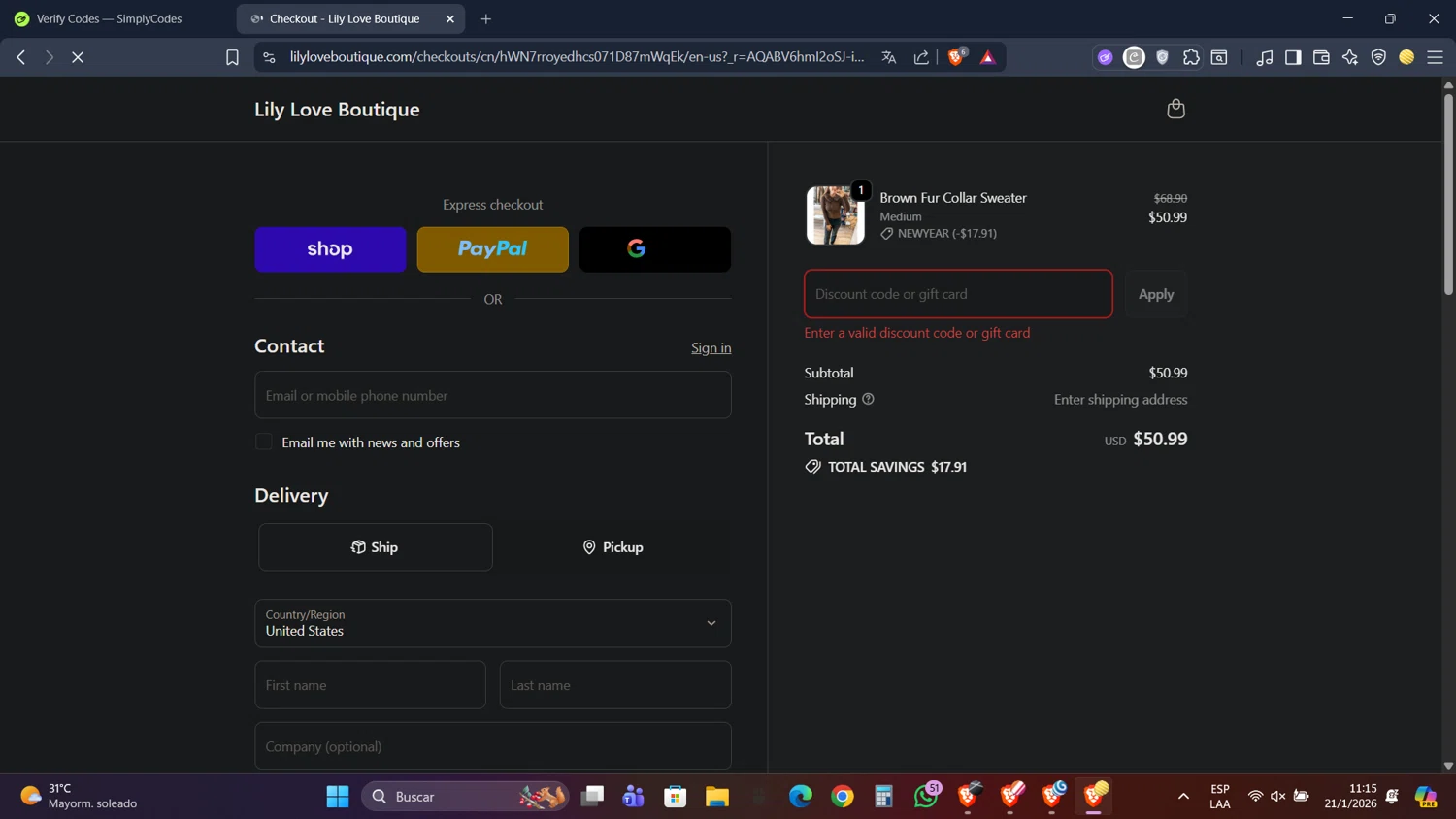 Lily Love Boutique promo code screenshot showing code NEWYEAR applied at Lily Love Boutique checkout page. Uploaded by SimplyCodes community member PennyScholar593 on Jan 21, 2026