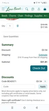 Beads71 coupon verification screenshot
