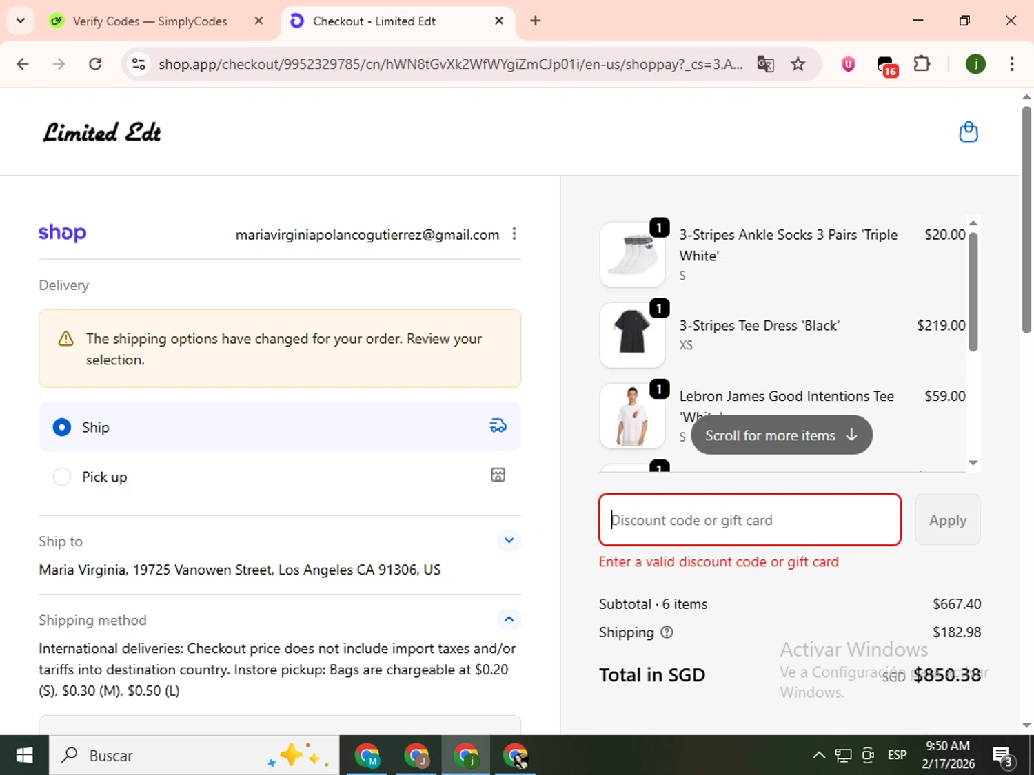 Limited Edt promo code screenshot showing code 10OFF2 applied at Limited Edt checkout page. Uploaded by SimplyCodes community member SavingsCollector2592 on Feb 17, 2026