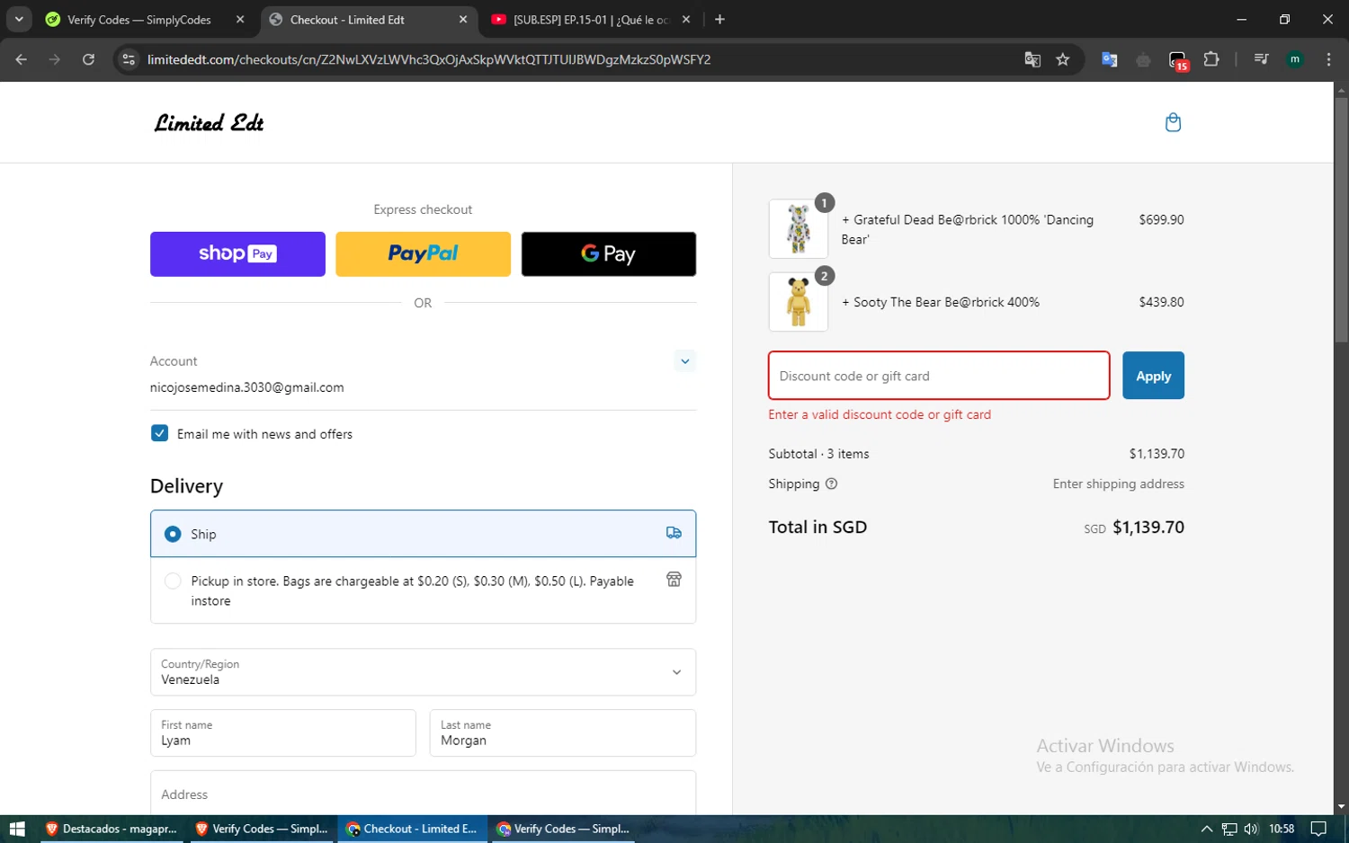Limited Edt promo code screenshot showing code 10OFF2 applied at Limited Edt checkout page. Uploaded by SimplyCodes community member ShieldElite2370 on Jan 30, 2025
