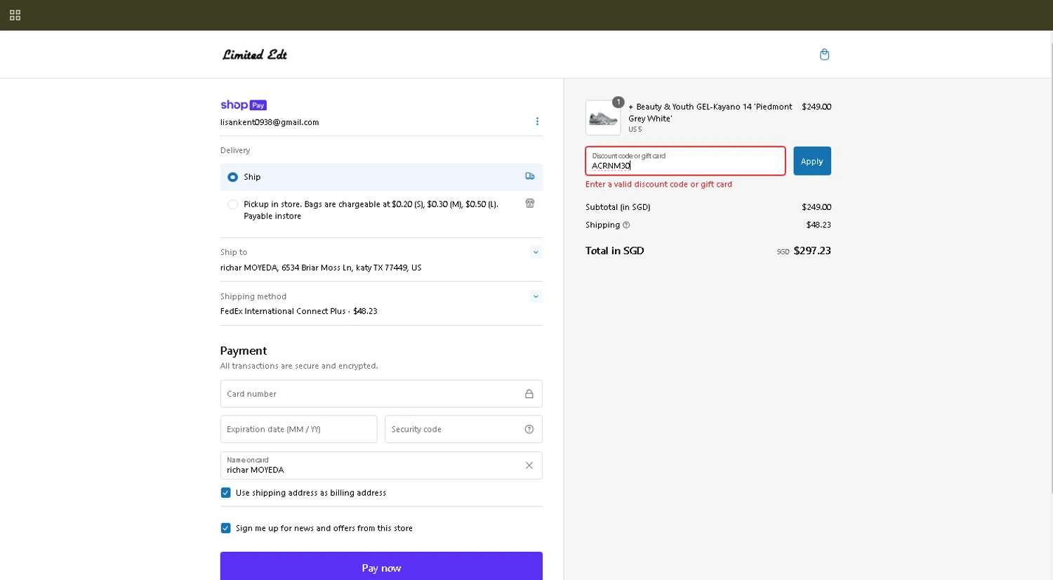 Limited Edt promo code screenshot showing code ACRNM30 applied at Limited Edt checkout page. Uploaded by SimplyCodes community member WiseMaverick4603 on Feb 2, 2025