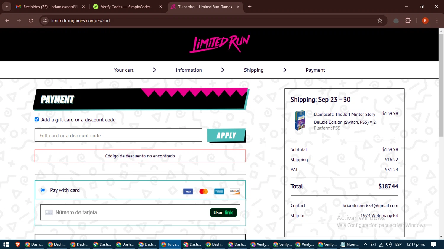Limited Run Games discount code screenshot showing code 3-6DGHWC applied at Limited Run Games checkout page. Uploaded by SimplyCodes community member DiscountExpert6435 on Feb 26, 2025