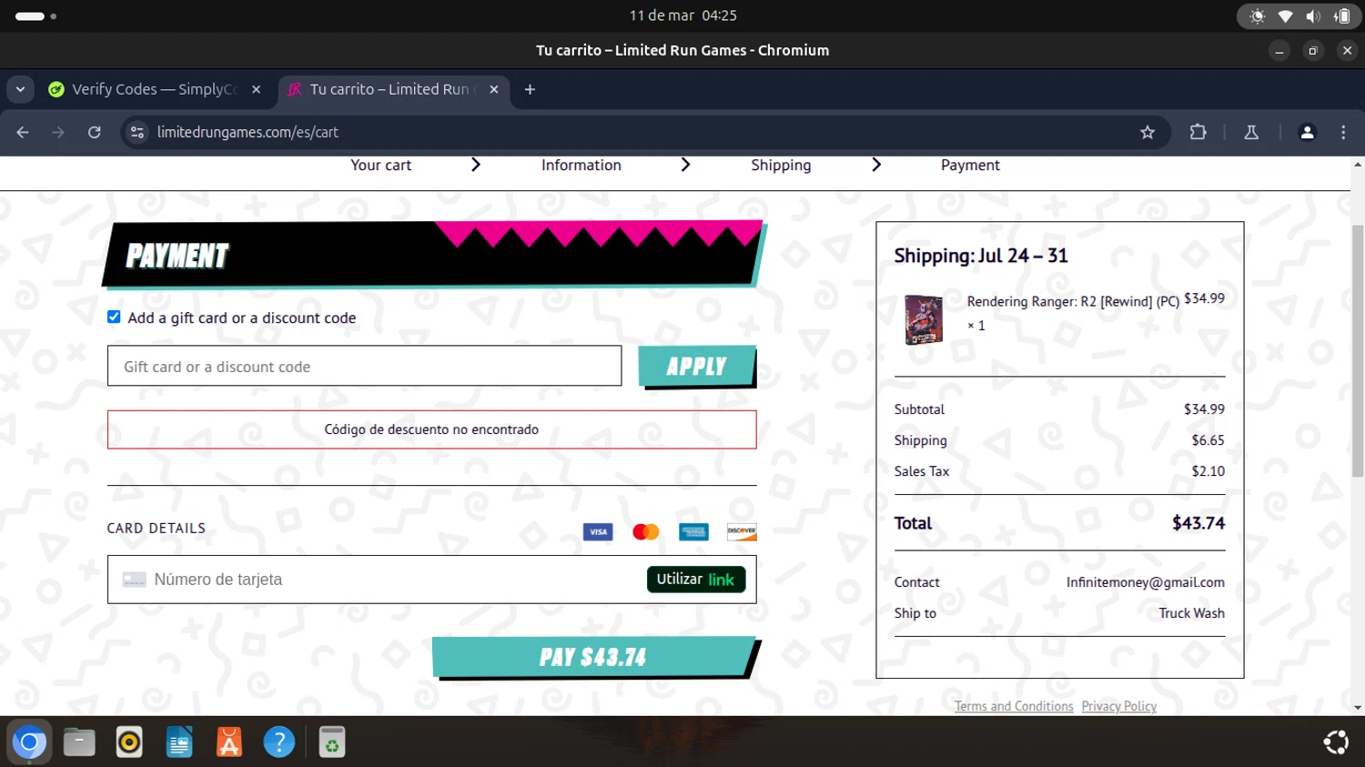 Limited Run Games discount code screenshot showing code 3-D3RCEH applied at Limited Run Games checkout page. Uploaded by SimplyCodes community member TTTT55 on Mar 11, 2025