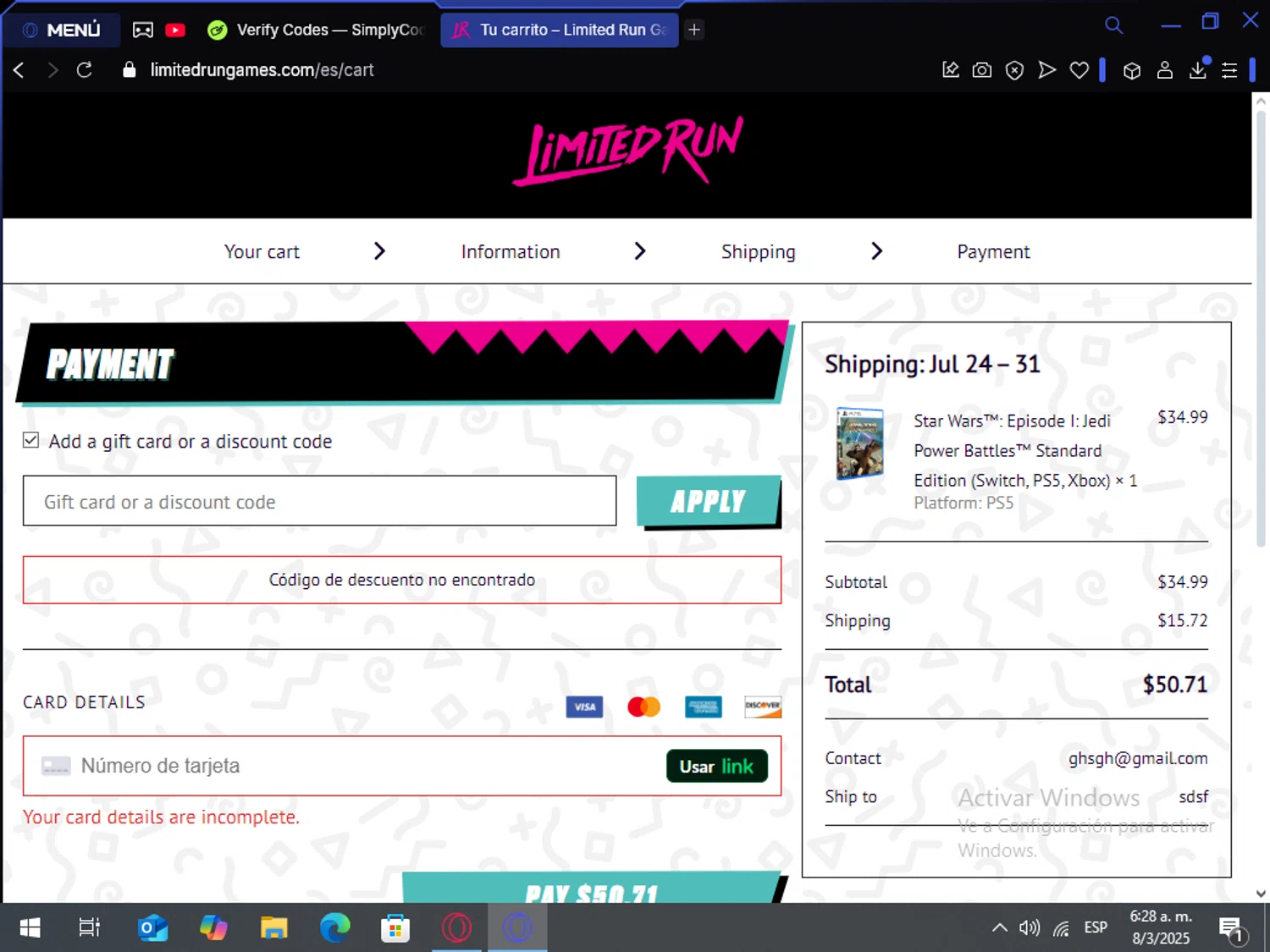 Limited Run Games discount code screenshot showing code 3-P6MRAQ applied at Limited Run Games checkout page. Uploaded by SimplyCodes community member NoblePilot6996 on Mar 8, 2025