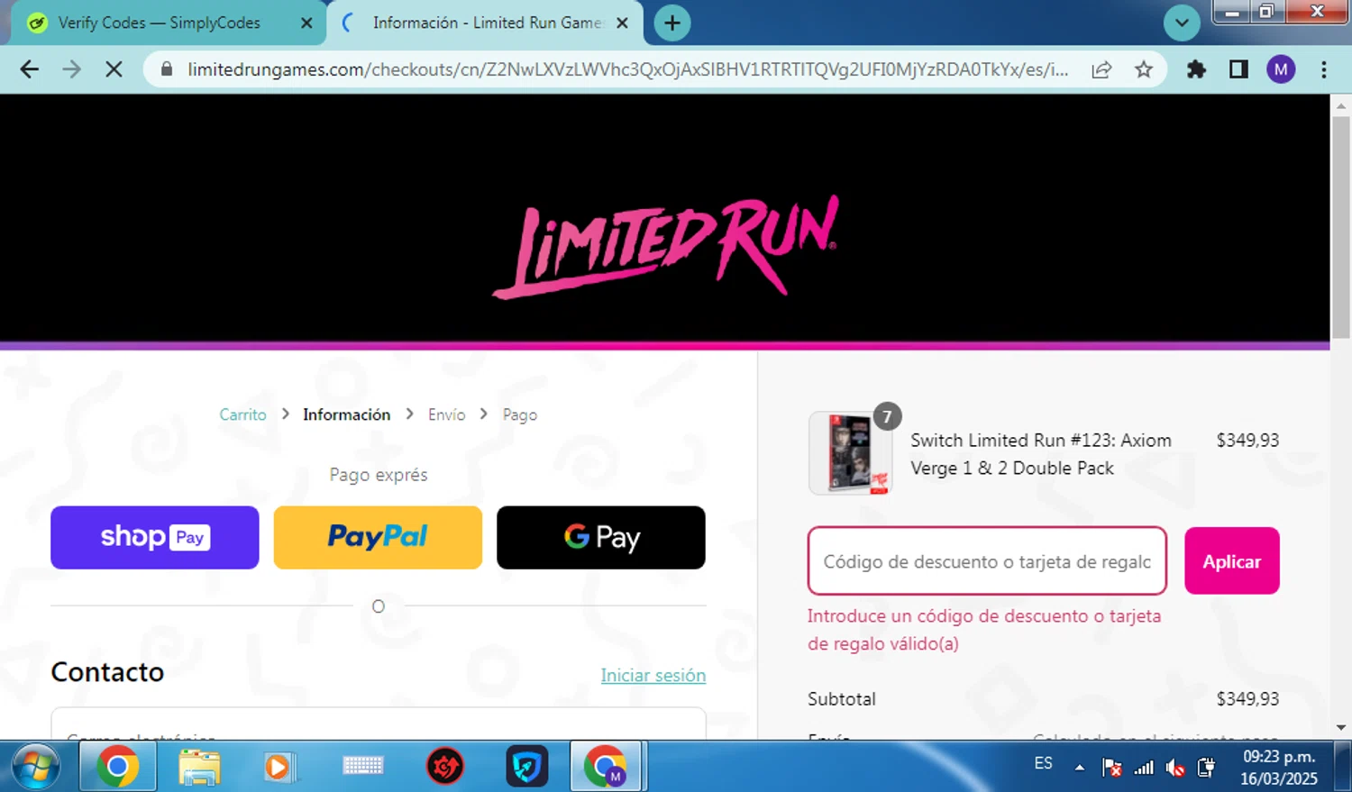 Limited Run Games discount code screenshot showing code 3-P6MRAQ applied at Limited Run Games checkout page. Uploaded by SimplyCodes community member dominictoretto on Mar 17, 2025