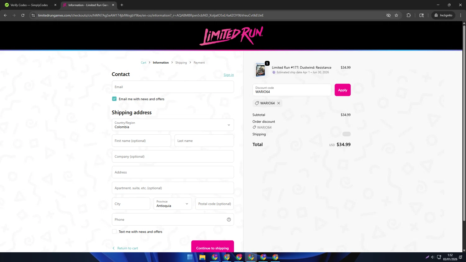 Limited Run Games discount code screenshot showing code WARIO64 applied at Limited Run Games checkout page. Uploaded by SimplyCodes community member AVATIGRITO on Jan 3, 2026
