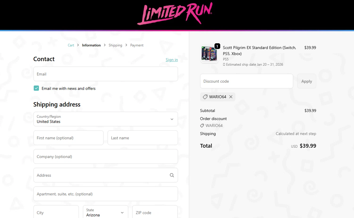 Limited Run Games discount code screenshot showing code WARIO64 applied at Limited Run Games checkout page. Uploaded by SimplyCodes community member Loratadina on Dec 27, 2025