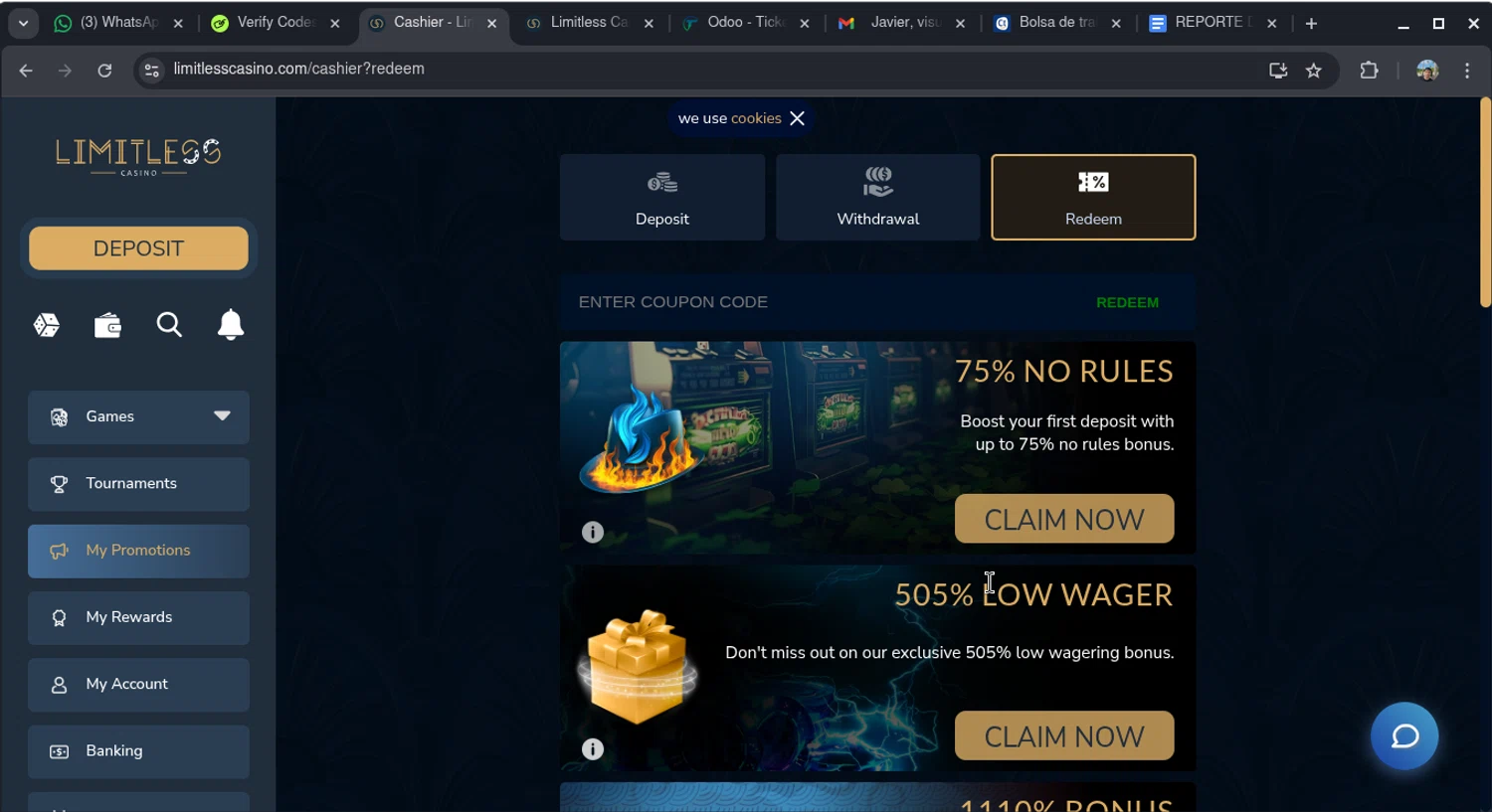 Limitless Casino promo code screenshot showing code TREXATTACK100 applied at Limitless Casino checkout page. Uploaded by SimplyCodes community member Javierp on Feb 19, 2026