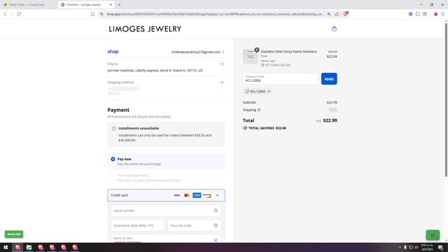 Limoges Jewelry checkout page showing Limoges Jewelry coupon code box | Screenshot taken by SimplyCodes community member on Sep 4, 2025