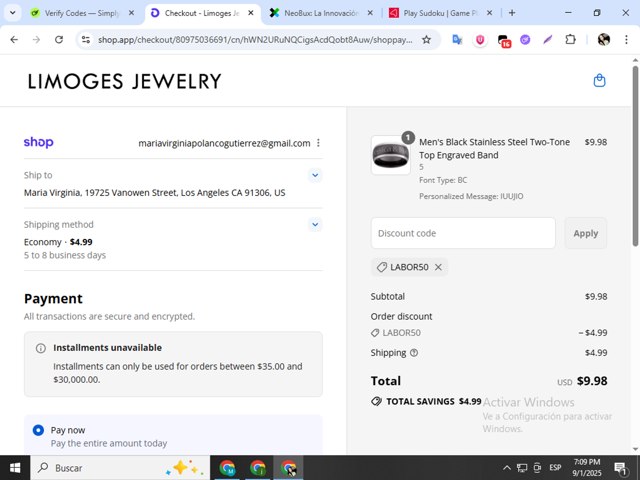 Limoges Jewelry checkout page showing Limoges Jewelry coupon code box | Screenshot taken by SimplyCodes community member on Sep 1, 2025