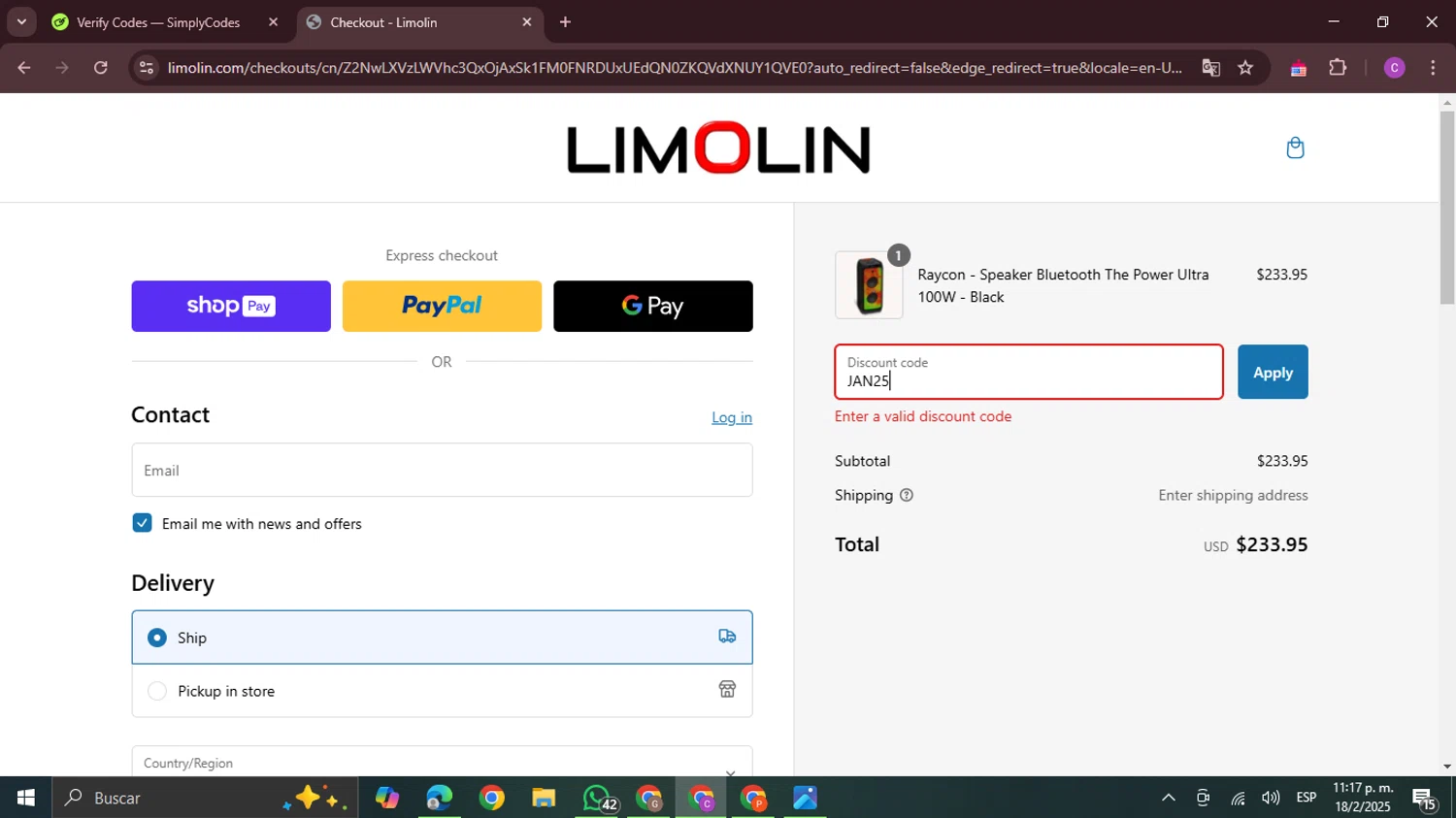 Limolin promo code screenshot showing code JAN25 applied at Limolin checkout page. Uploaded by SimplyCodes community member FrugalPro5078 on Feb 19, 2025