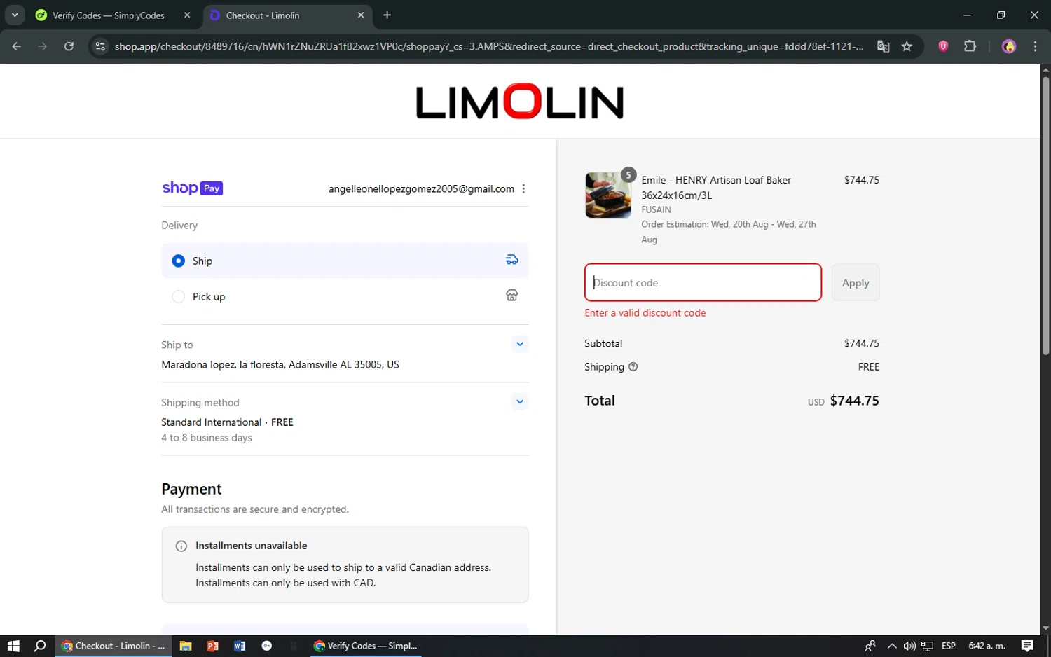 Limolin promo code screenshot showing code GINO applied at Limolin checkout page. Uploaded by SimplyCodes community member TreasureShopper9156 on Aug 16, 2025