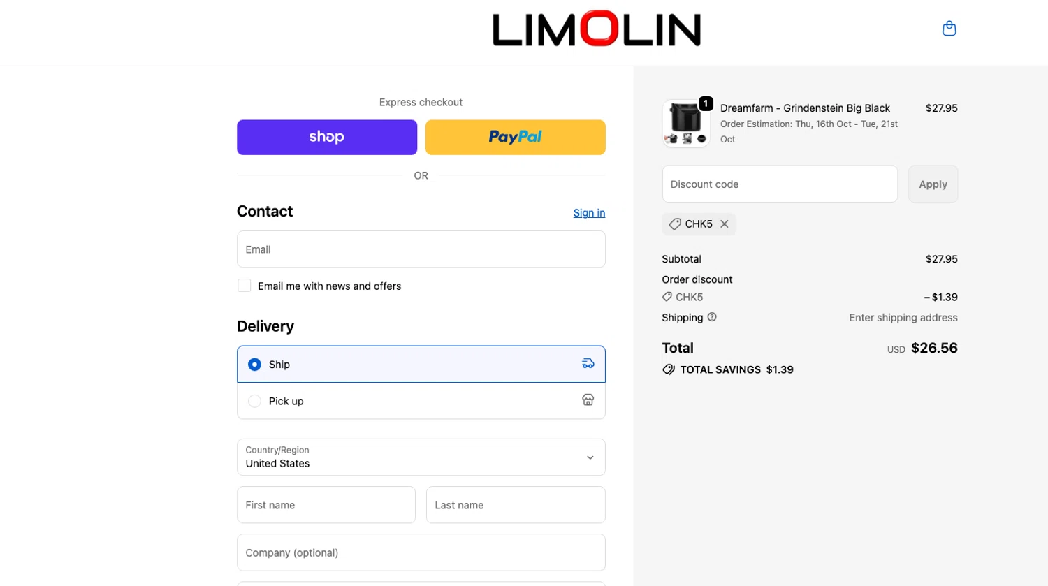 Limolin promo code screenshot showing code chk5 applied at Limolin checkout page. Uploaded by SimplyCodes community member ELOIN777 on Oct 10, 2025