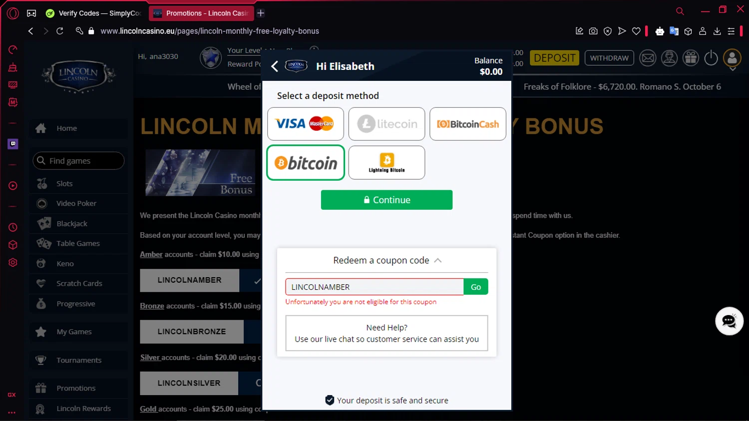 Lincoln Casino promo code screenshot showing code LINCOLNAMBER applied at Lincoln Casino checkout page. Uploaded by SimplyCodes community member TOLUENO on Feb 10, 2025