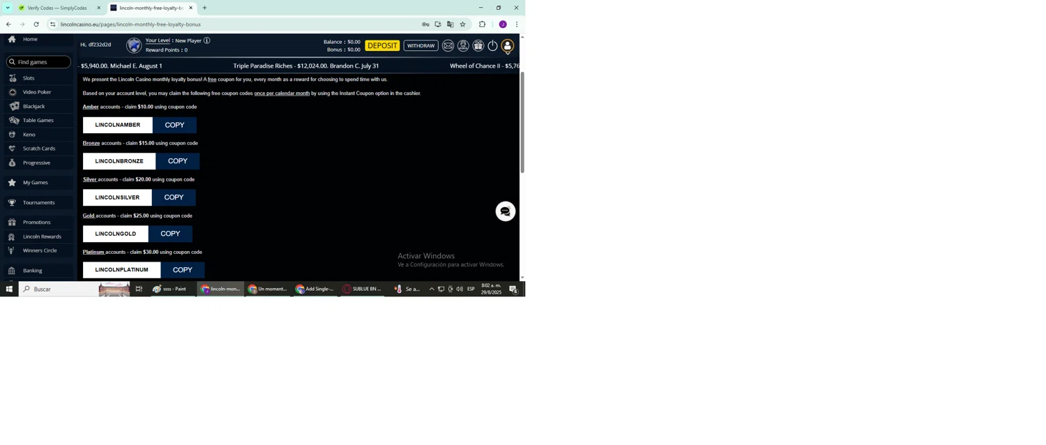 Lincoln Casino promo code screenshot showing code LINCOLNAMBER applied at Lincoln Casino checkout page. Uploaded by SimplyCodes community member YutakaH0shin0 on Aug 29, 2025