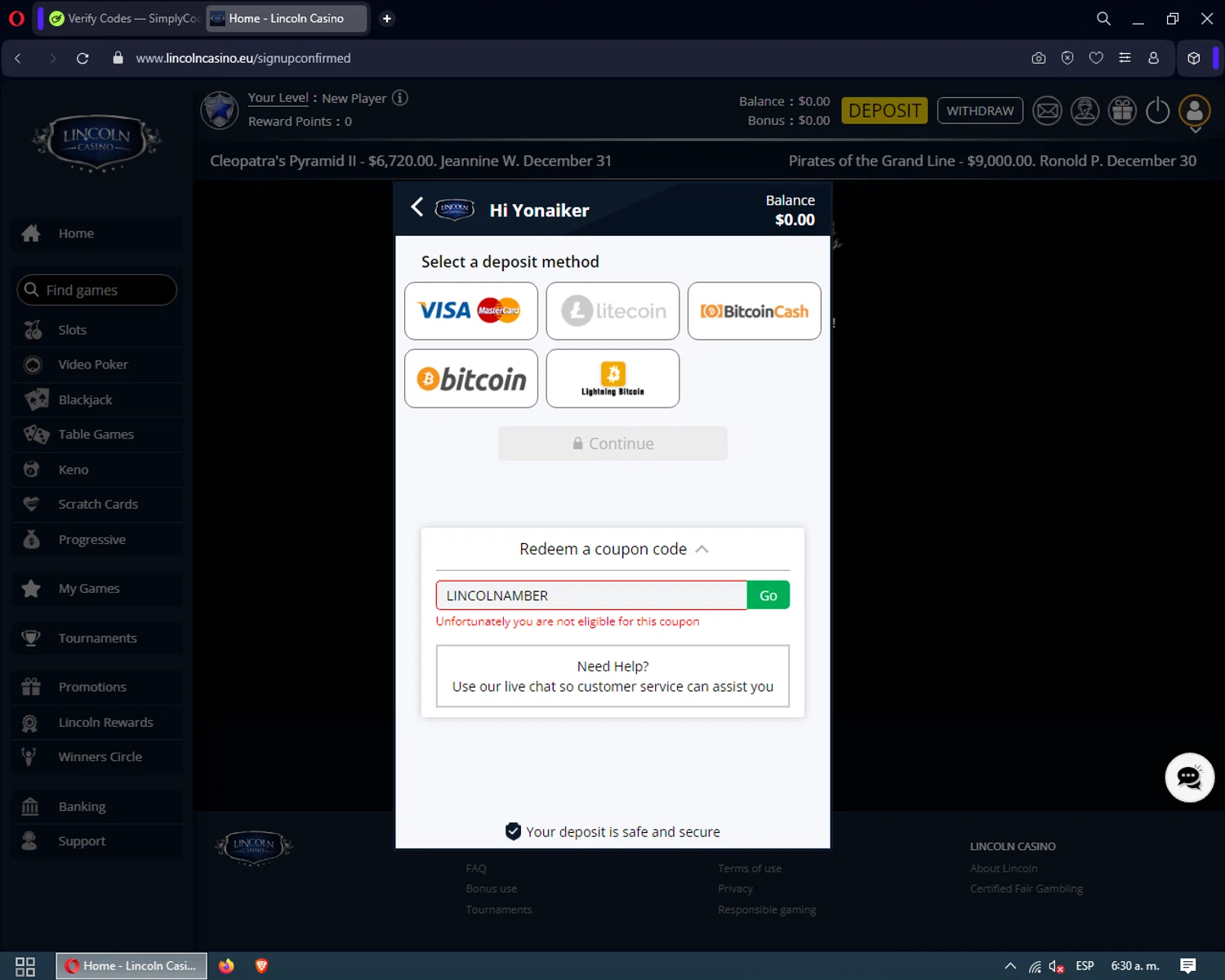 Lincoln Casino checkout page showing Lincoln Casino promo code box | Screenshot taken by SimplyCodes community member on Jan 12, 2025