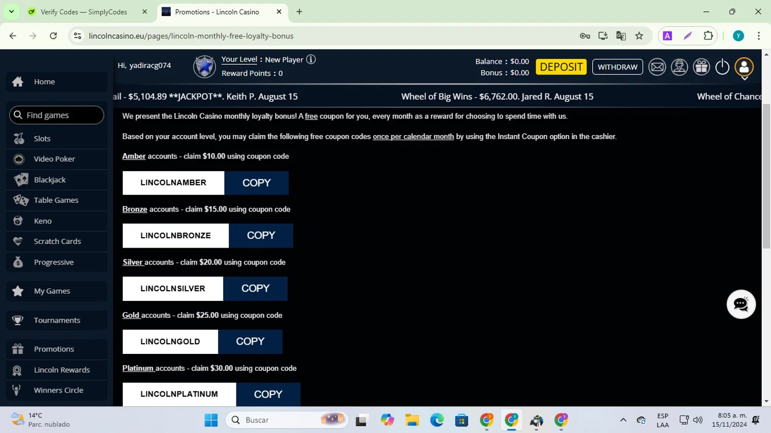 Lincoln Casino checkout page showing Lincoln Casino promo code box | Screenshot taken by SimplyCodes community member on Nov 15, 2024