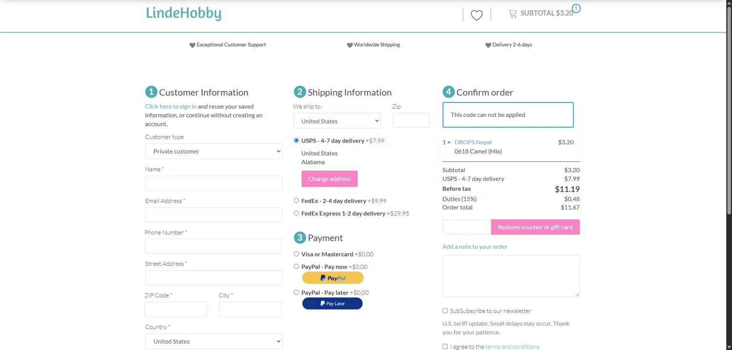LindeHobby checkout page showing LindeHobby discount code box | Screenshot taken by SimplyCodes community member on Dec 15, 2025