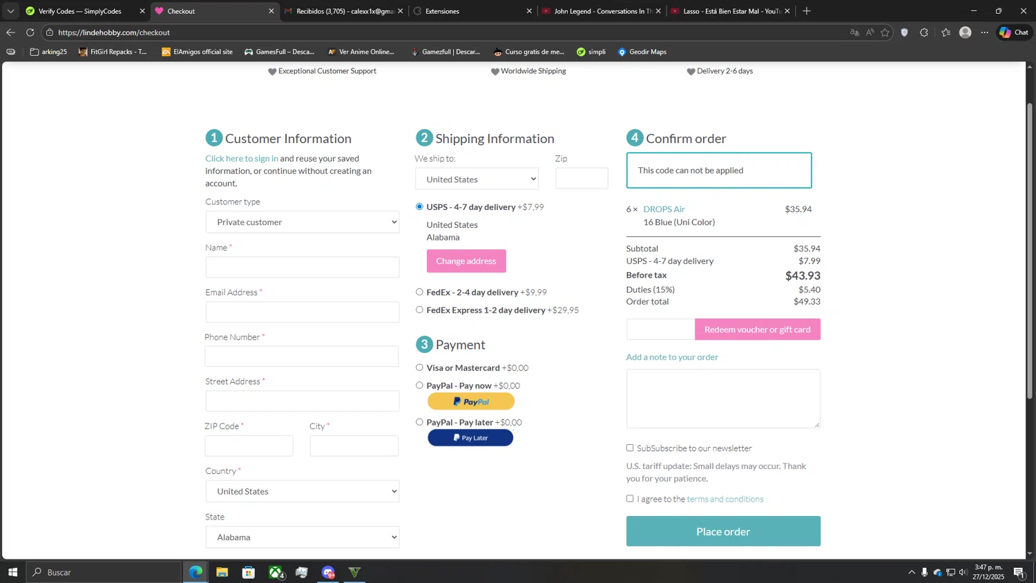 LindeHobby discount code screenshot showing code THANKYOU applied at LindeHobby checkout page. Uploaded by SimplyCodes community member CoinLegend5168 on Dec 27, 2025