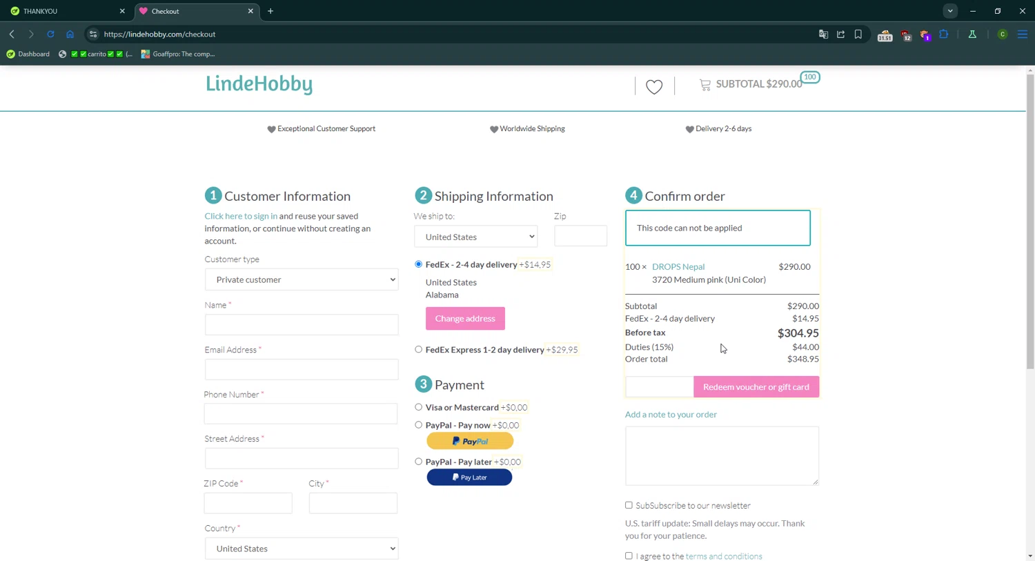 LindeHobby discount code screenshot showing code THANKYOU applied at LindeHobby checkout page. Uploaded by SimplyCodes community member CrownGuardian9882 on Dec 15, 2025