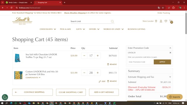 Lindt USA checkout page showing Lindt USA promo code box | Screenshot taken by SimplyCodes community member on Aug 25, 2025