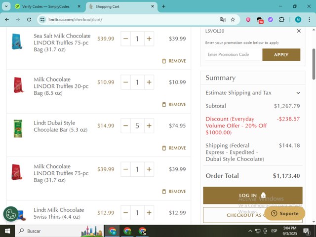 Lindt USA checkout page showing Lindt USA promo code box | Screenshot taken by SimplyCodes community member on Sep 3, 2025