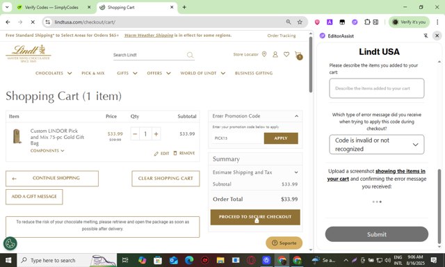 Lindt USA checkout page showing Lindt USA promo code box | Screenshot taken by SimplyCodes community member on Aug 16, 2025