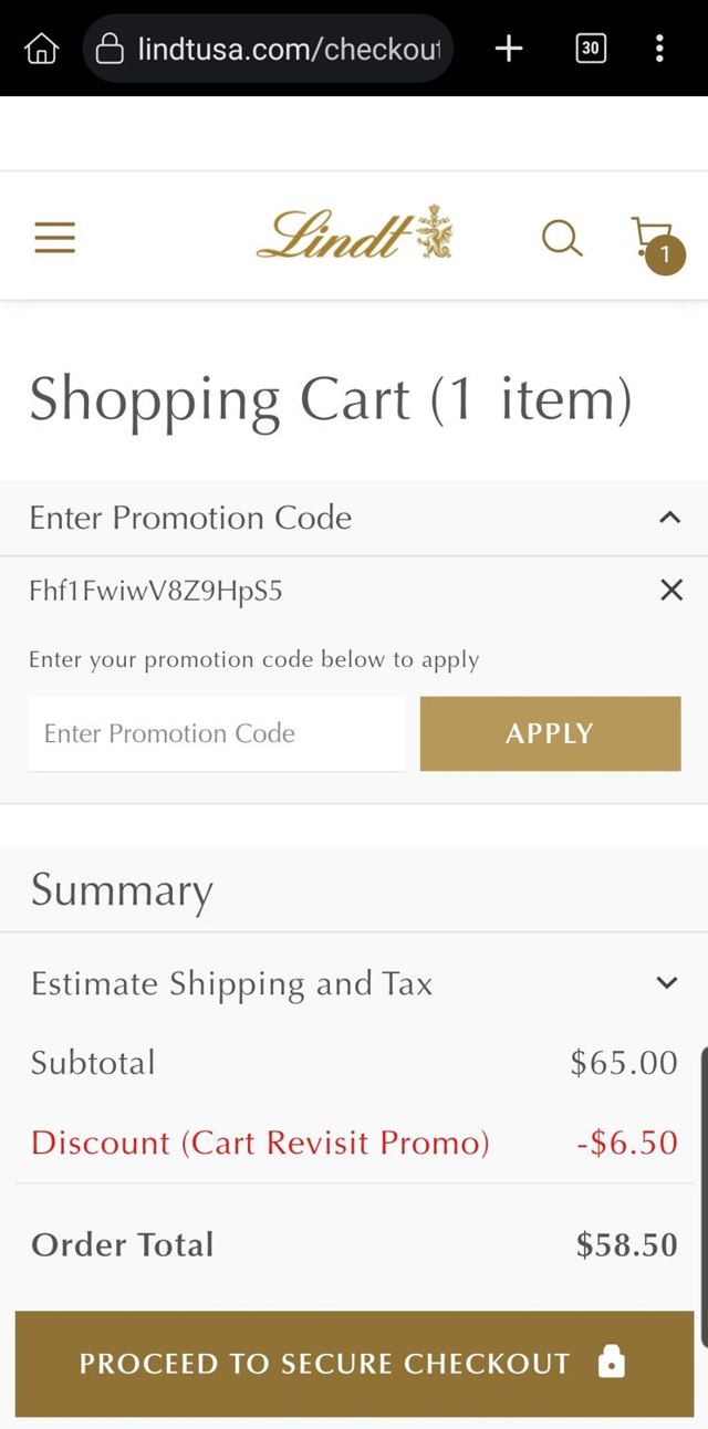 Lindt USA checkout page showing Lindt USA promo code box | Screenshot taken by SimplyCodes community member on Aug 19, 2025