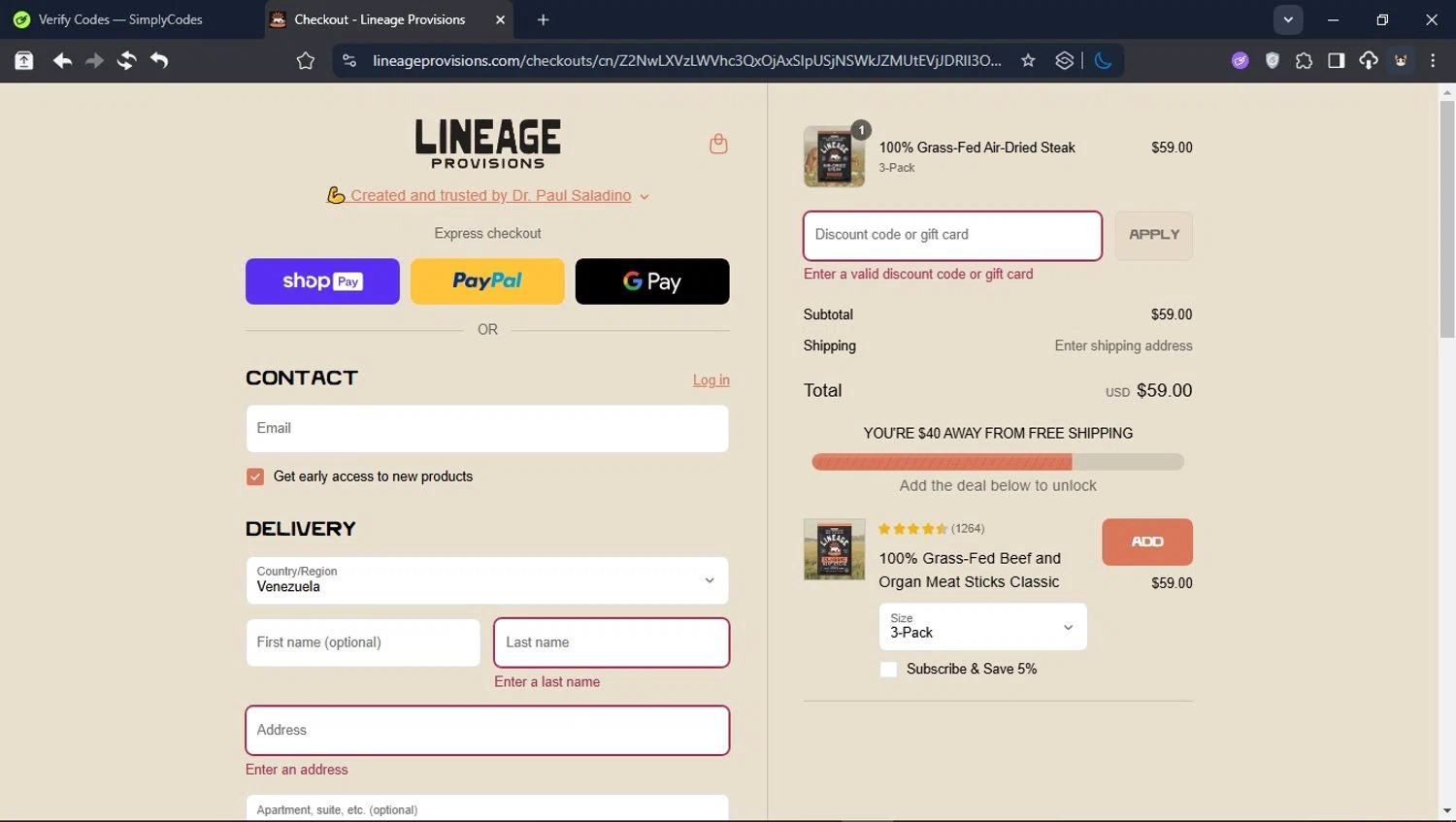 Lineage Provisions discount code screenshot showing code DEAL10 applied at Lineage Provisions checkout page. Uploaded by SimplyCodes community member ValiantHunter5929 on Jul 10, 2025
