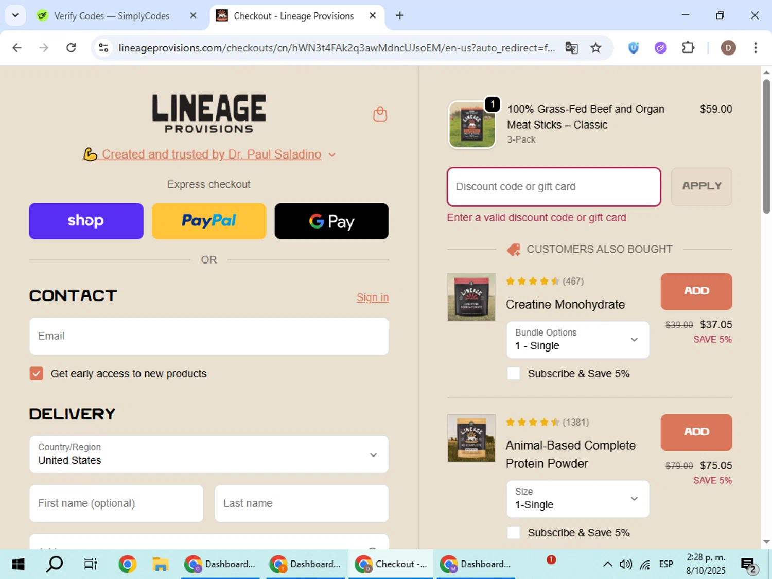 Lineage Provisions discount code screenshot showing code SIMPLYCODES applied at Lineage Provisions checkout page. Uploaded by SimplyCodes community member BrilliantWizard8884 on Oct 8, 2025