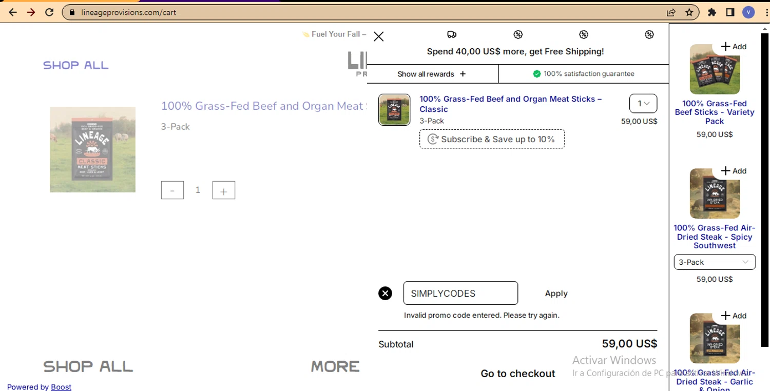 Lineage Provisions discount code screenshot showing code SIMPLYCODES applied at Lineage Provisions checkout page. Uploaded by SimplyCodes community member beatrizcastillo on Oct 8, 2025