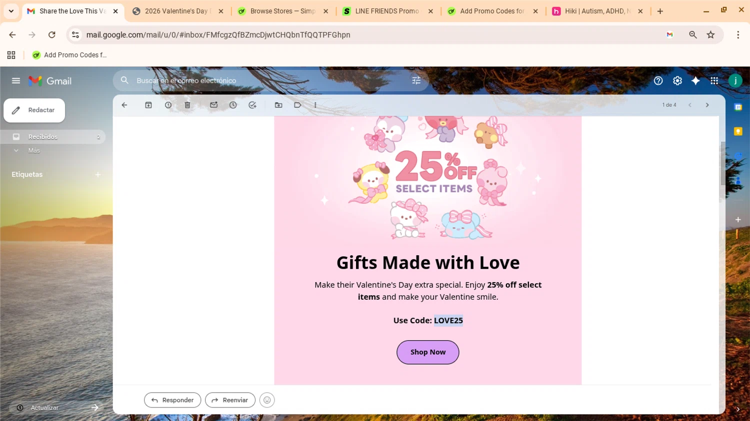 LINE FRIENDS promo code screenshot showing code LOVE25 applied at LINE FRIENDS checkout page. Uploaded by SimplyCodes community member yennifergonzalez on Jan 30, 2026